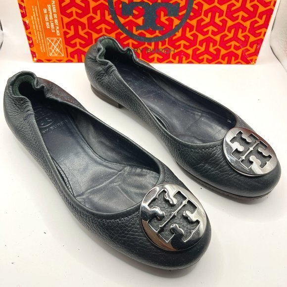 Tory Burch Reva Navy Pewter Leather Ballet Flats with Metal‎ Logo Size 6.5 - Picture 1 of 6